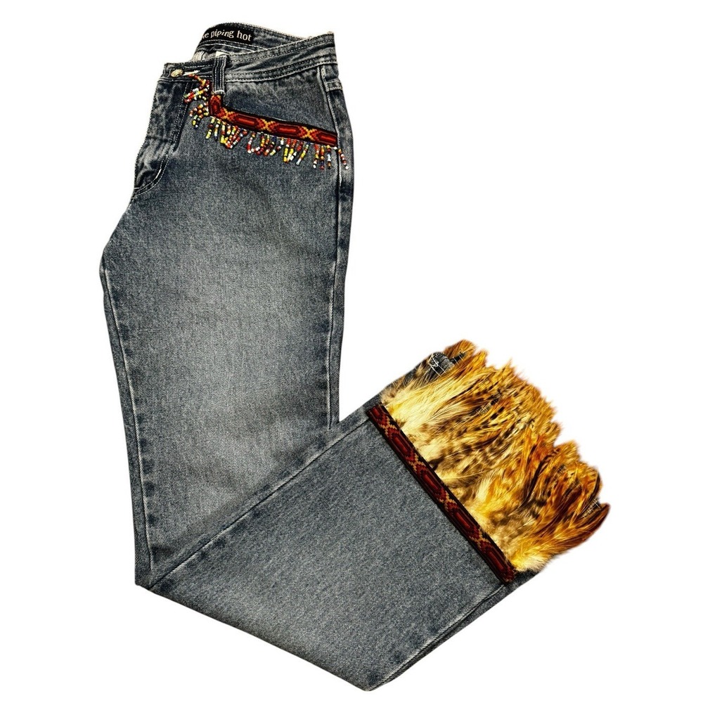 Vintage Upcycled RVT Jeans 7/8 Feather Trim Beaded Western Y2K